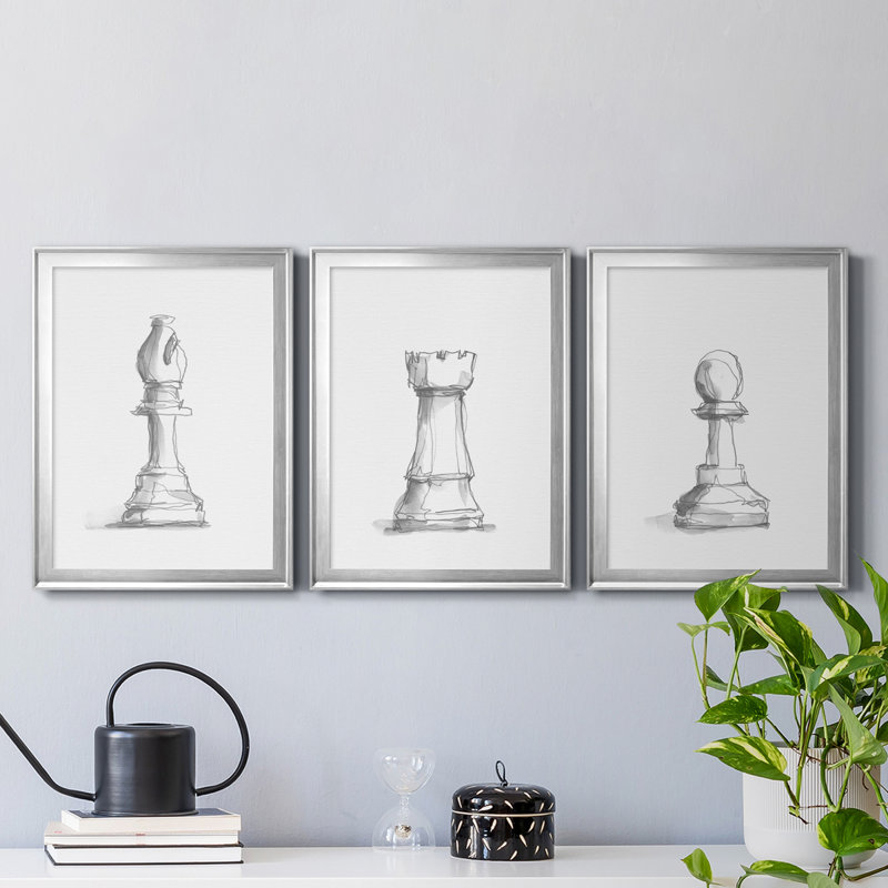 Chess Room Study IV, reproduction encadrée de qualité supérieure - prête à être accrochée, Argent