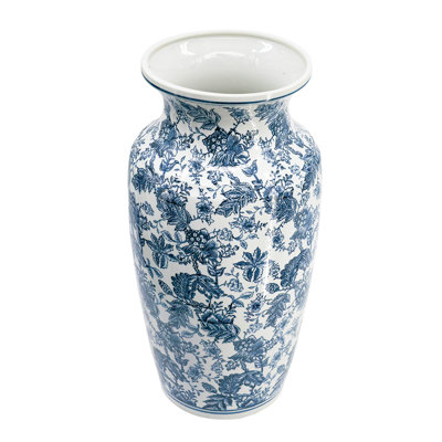 Macy Wide Decorative Vase, Traditional Floral Blue White Porcelain 12 Inch