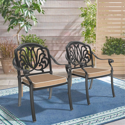 Chaise de patio en fonte d'aluminium 2 pièces avec structure et coussins noirs