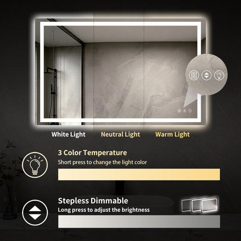 48" X 30" LED Bathroom Mirror With Dimmable Light Anti-Fog Lighted Vanity Mirror With 3 Color Modes, IP44 Waterproof Horizontal/Vertical Mount