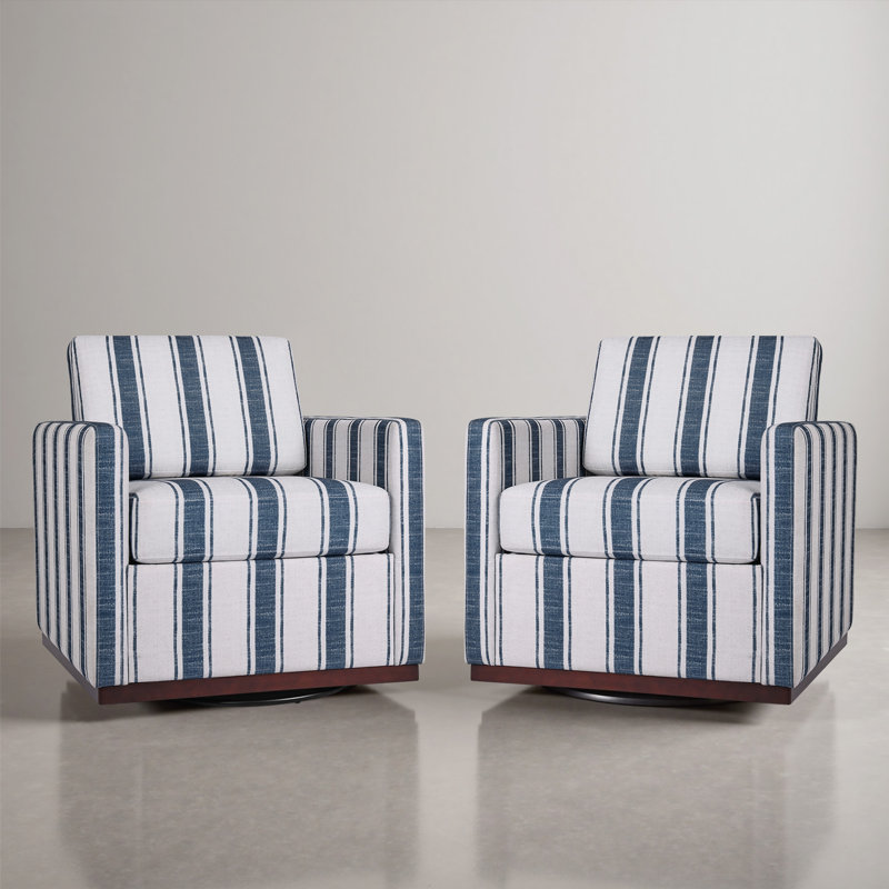 Modern Upholstered Striped Dark Blue Square Swivel Armchair with Matel Base (Set of 2), Stripe Dark Blue Cotton Blend