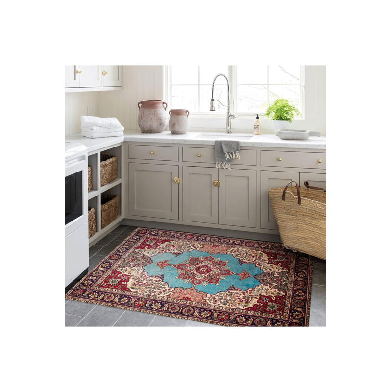 Tapis décoratif lavable à la machine moderne multicolore à motif tissé bleu, Rectangle 3 pi 3 po x 4 pi 11 po