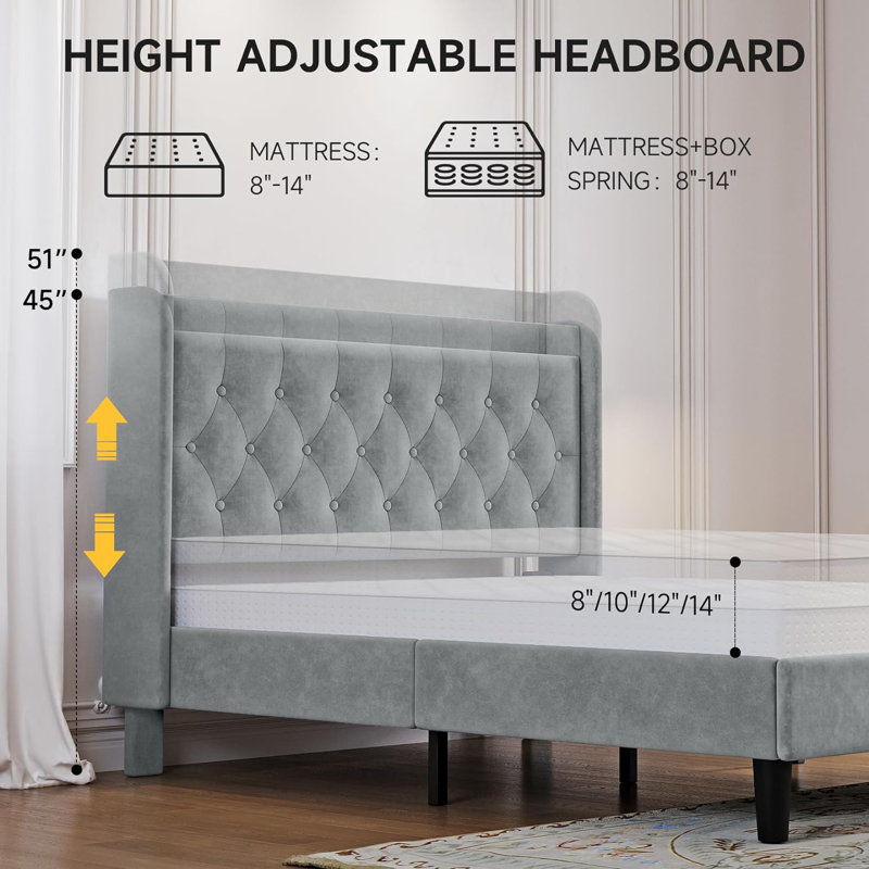 Velvet Tufted Upholstered Platform Bed with Charging Station (Light Gray, Full Size), Light Gray, Full