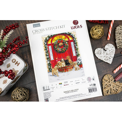 Trousse de broderie au point de croix compté « Les chiots livreurs du Père Noël à la porte » de Luca-S BU5102L