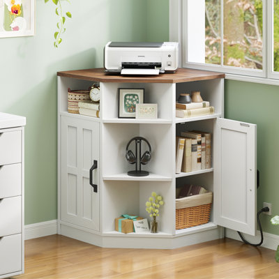 Corner Storage Cabinet with Charging Station & Cubbies, Small Floor  Cabinet with 2 Doors & Adjustable Shelves