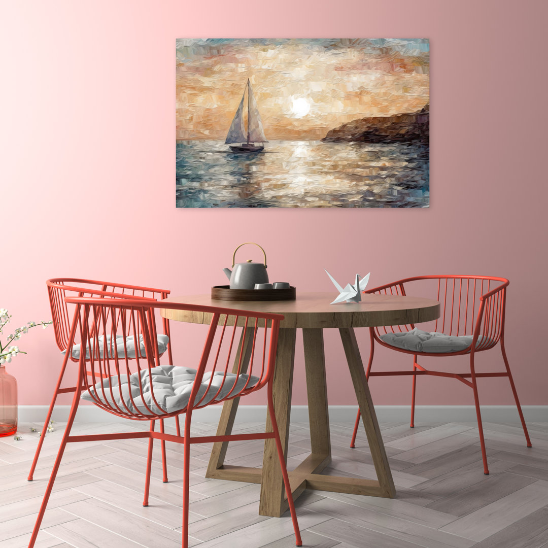 Pink Orange Sky Sailboat Coastal Scene Contemporary Peaceful Serene Coastal Landscape Wall Art Print