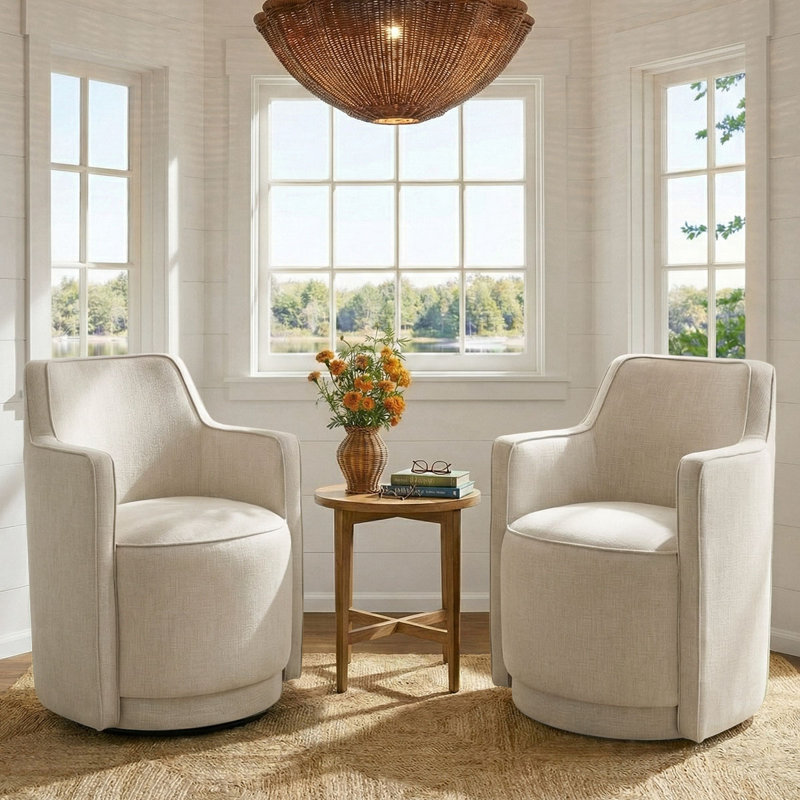 Upholstered Fabric Fully Assembled Swivel Accent Armchair, Beige