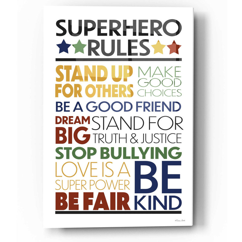 «Superhero Rules» par Susan Ball, art mural en verre acrylique, H 16 po x l 12 po x P 0,13 po