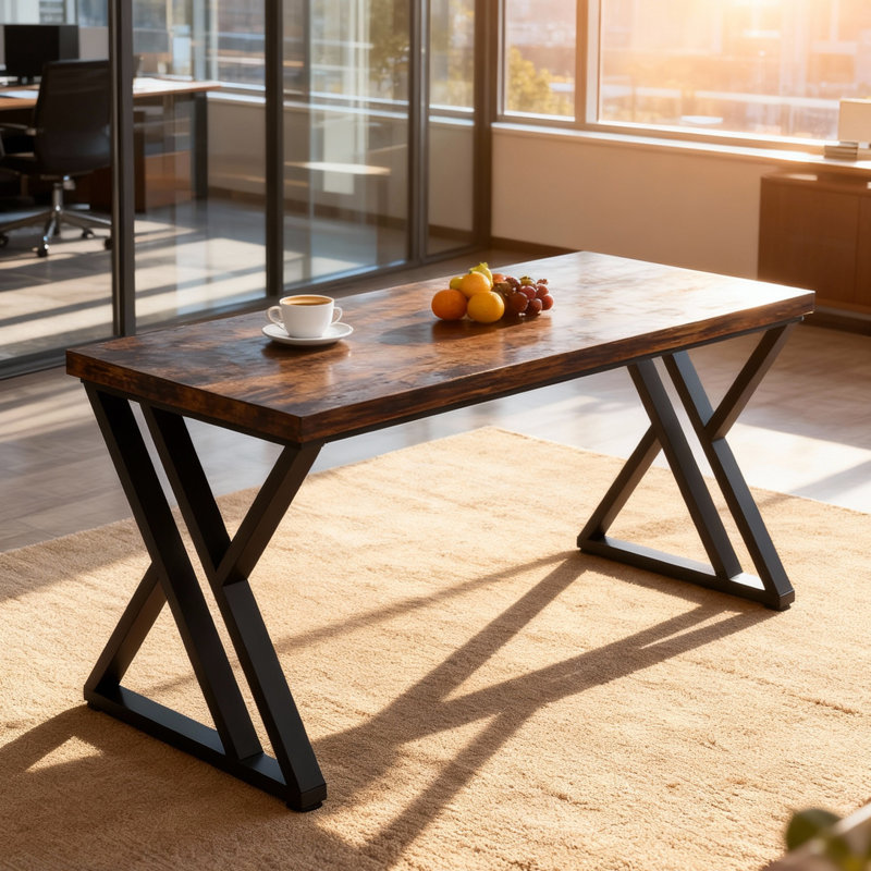 55" Modern Farmhouse Home Office Desk with Heavy-Duty Metal Frame, Premium High-End Furniture, Brown