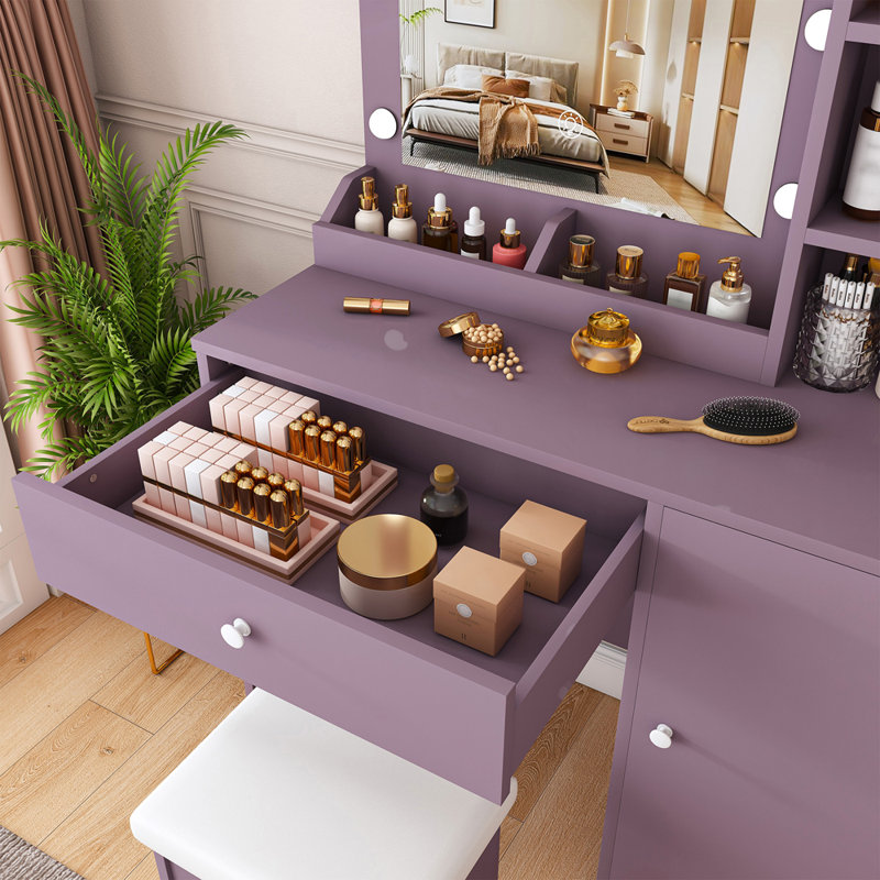 Modern Makeup Vanity with Stool and Adjustable Lighted Mirror