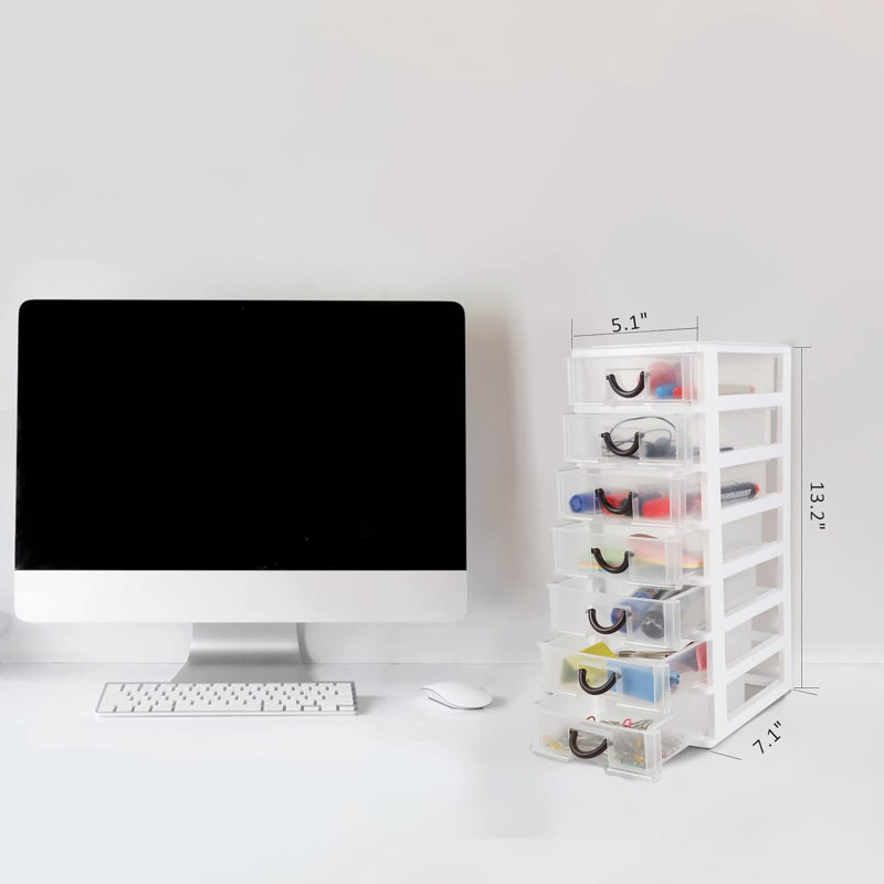 7.1"X5.1"X13.2" Mini Organizer Box Storage Container Case With 7 Clear Desktop Drawer Units,White
