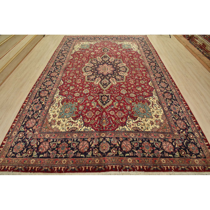Tapis oriental traditionnel en laine rouge noué à la main 9 pi 7 po x 13 pi 3 po Fine