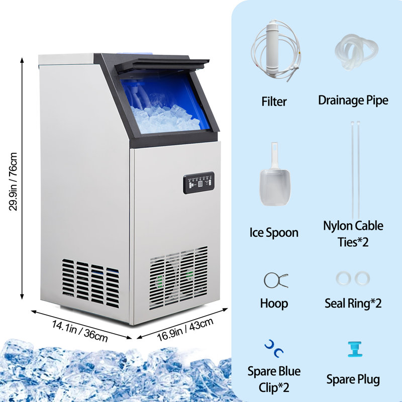 Commercial Ice Maker Machine, Stainless Steel Under Counter Ice Machine with Large Ice Storage Capacity, Freestanding Ice Maker for Restaurant, Bar, Cafes, Home Office
