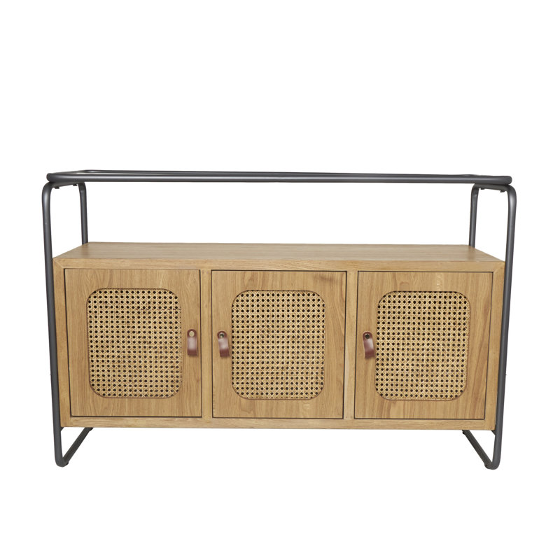 Wellow Wooden 3 Door Brown Console Table with Cane Front Doors and Gray Metal Frame