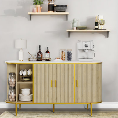 Curved Fluted Sideboard Buffet Cabinet, White Marble Top Wood Credenza with Gold Metal Legs & Handles, Modern Luxury Storage Cabinet for Living Room Entryway Dining Room