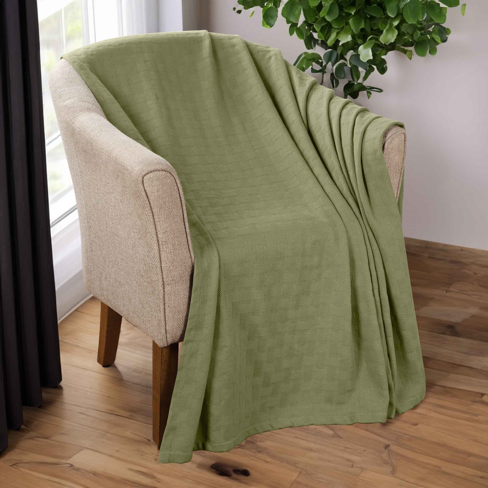 Bertie Cotton Throw Blanket, Sage, Twin