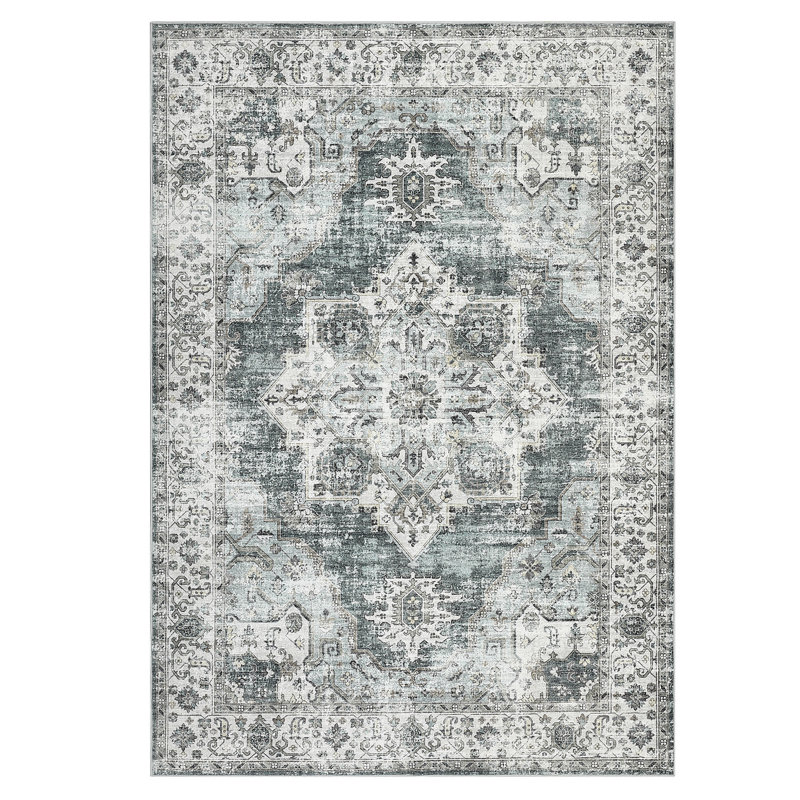 Garvee Vintage Area Rug Floral Print Indoor Mat with Non-Slip Backing, Washable Distressed Accent Carpet, Oriental Medallion Low Pile Floor Cover for Bedroom, Kitchen, Laundry