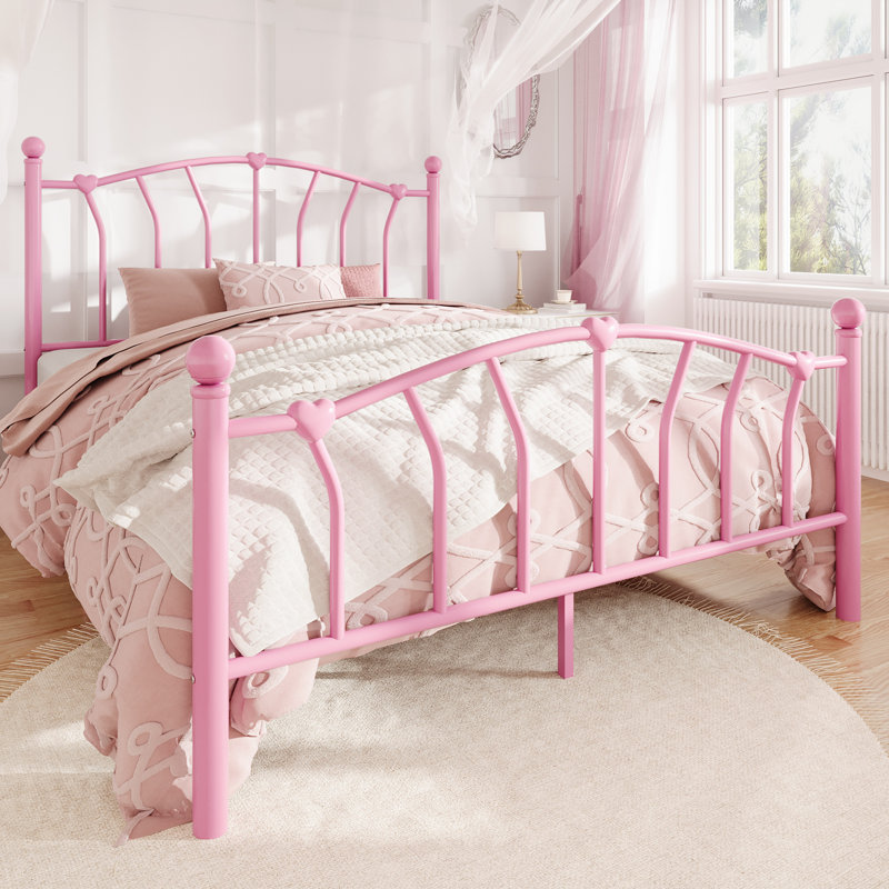 Metal Platform Bed Frame With Headboard And Footboard，Heart & Ball Finials，No Box Spring Needed,12.6" Under-Bed Storage，Easy Assembly