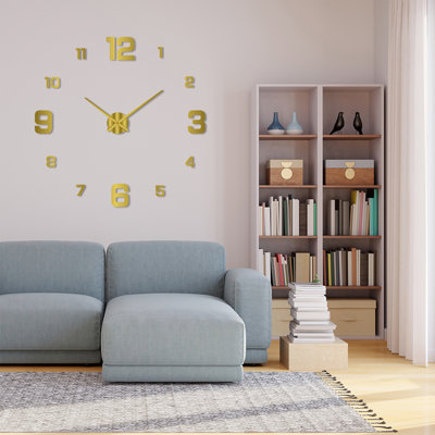 3D DIY Luminous Dial Drill-free Acrylic Frameless Silent Wall Clock with Number Stickers for Living Room Office Bedroom Modern House Decoration Golden 80-130cm