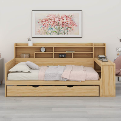 Lit de jour en bois avec tablettes de rangement, bureau intégré et lit gigogne simple, lit multifonctionnel avec bureau d'étude