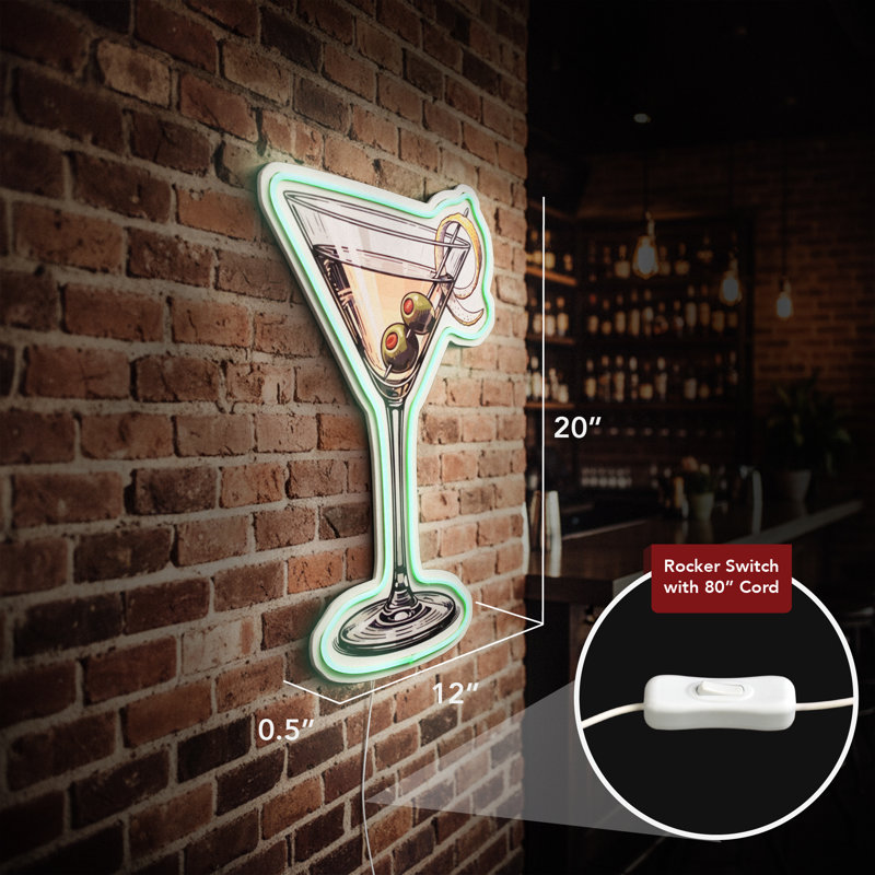 Plaque Martini en verre DEL - décoration murale rétro lumineuse