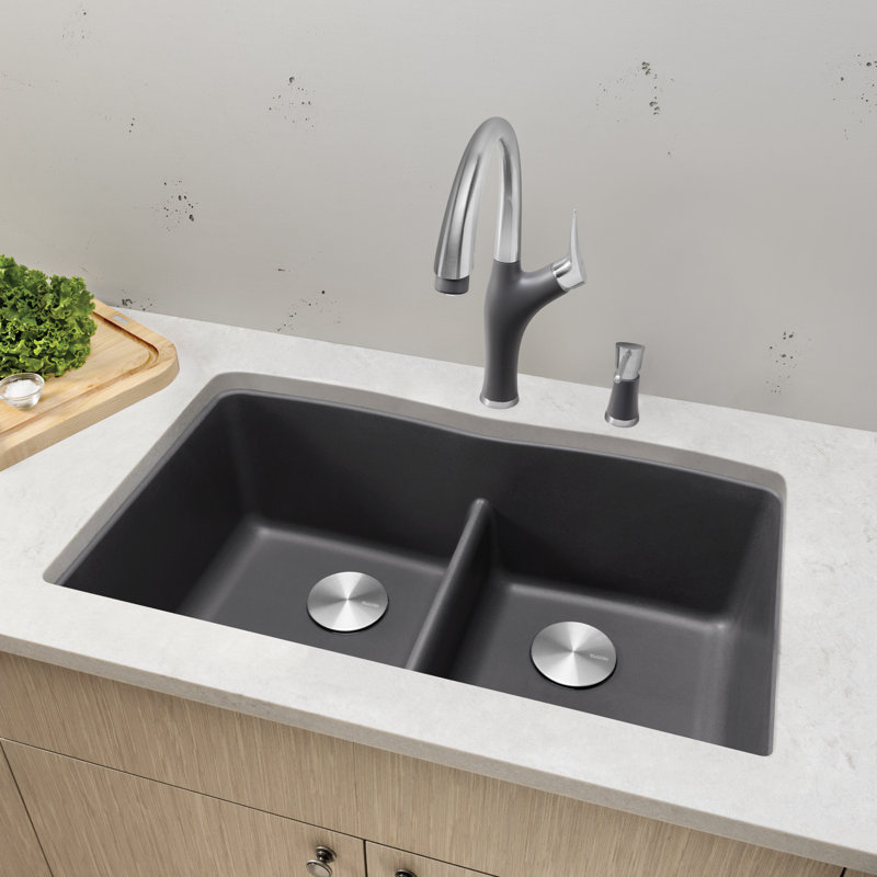 Évier de cuisine à double cuve en granite Diamond L 36 po x l 19 po avec crépine Diamond Silgranit, Cendre