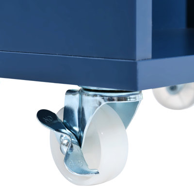 Rolling Kitchen Storage Island With Led , Power Outlets, Fluted Glass Door, Navy On Wheels Lights, Blue Door