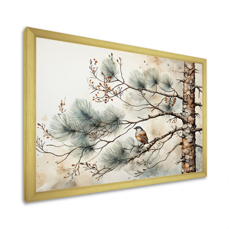 Décoration murale oiseau sur pin II, H 16 po x l 32 po x P 1 po, Cadre doré simple
