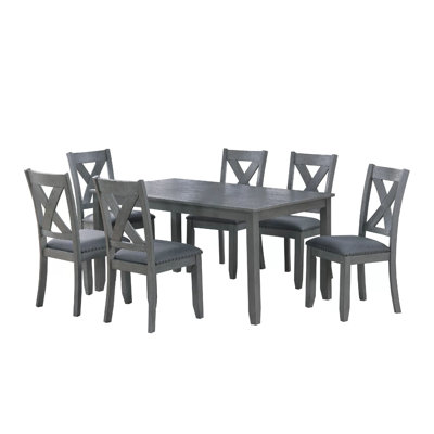 Carla 7Pc Dining Table Set 6 Chairs, Nailhead Trim, Farmhouse Gray Wood