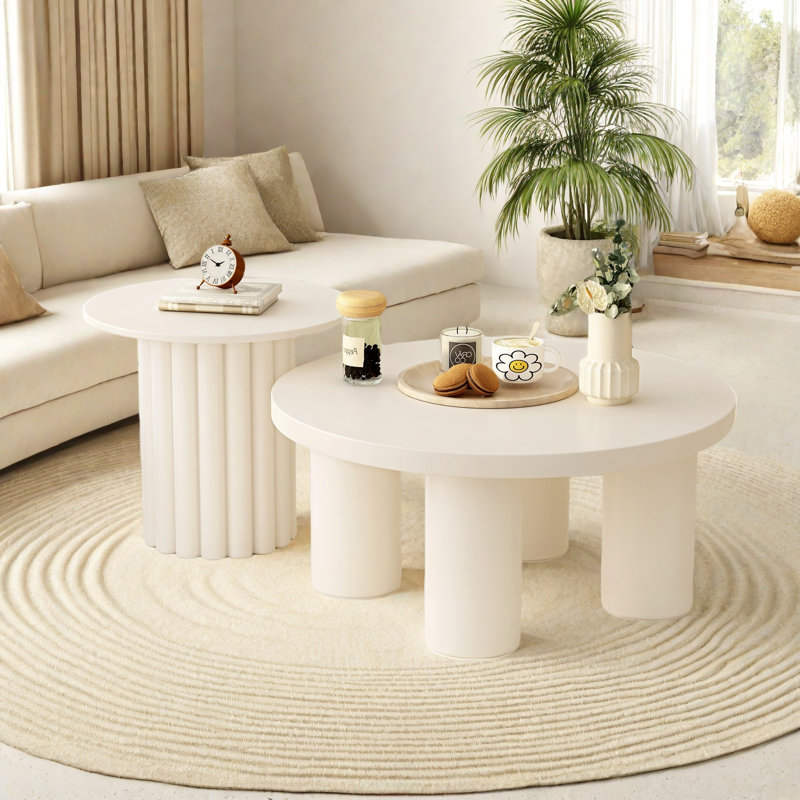 Modern Coffee Table Set Of 2, Round Coffee Table With Cylindrical Leg Design And 1 End Table