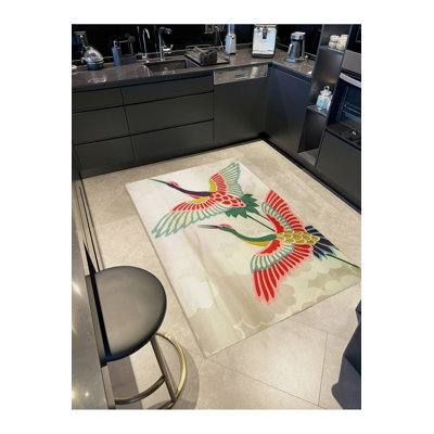 Clouds and Multicolor Birds Patterned Woven Base Modern Decorative Washable Rug