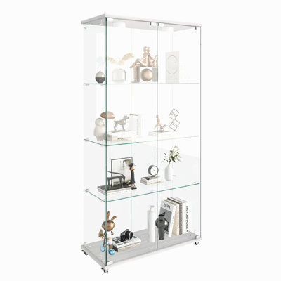 Modern Glass Display Cabinet With Led Lights, Quick-Assembly Antique Cabinet, Tempered Glass Bookshelf, Suitable For Living Room And Bedrooms, 2-Door 4-Shelf
