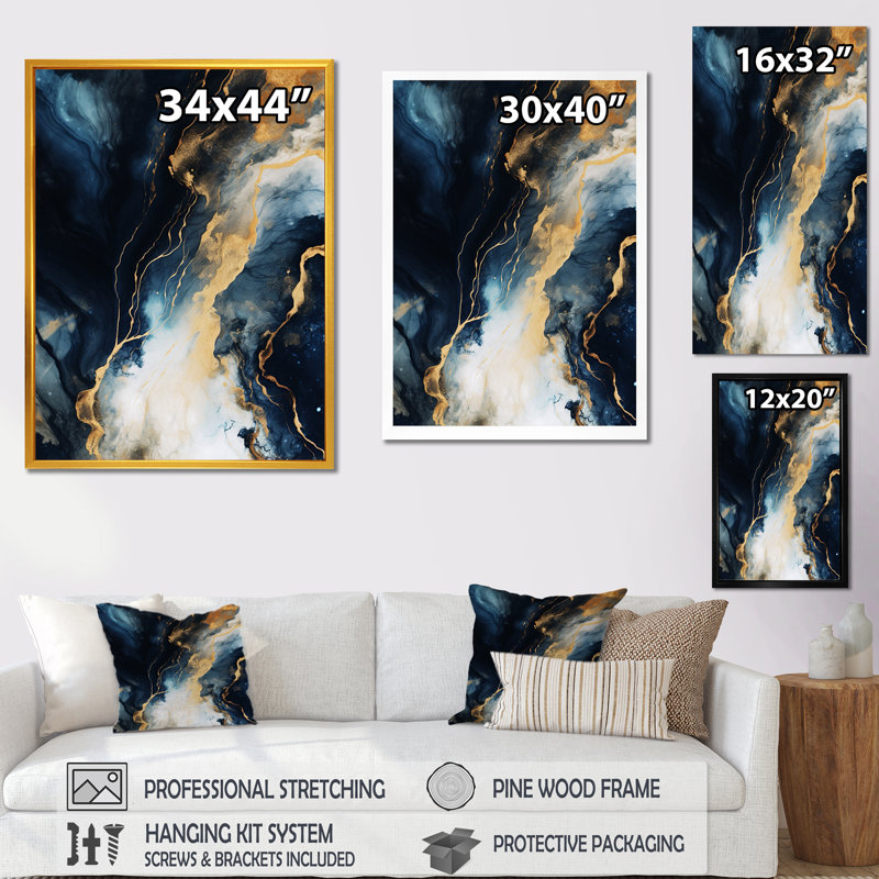 Or et bleu, peinture abstraite sur marbre II - décoration murale en marbre, Cadre flottant doré, H 32 po x l 24 po