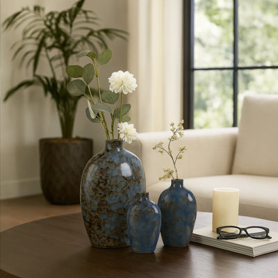 Vases de table décoratifs pour salon - Grand vase à fleurs pour dessus de table, vestibule ou décoration intérieure - ensemble de 3, 10 po, 8 po, 6 po, bleu et brun