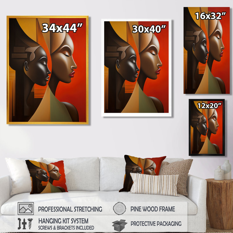 «Retro Minimal Double Ebony Profile III - Masque africain», reproduction d'art, H 20 po x l 12 po x P 1 po, Toile tendue
