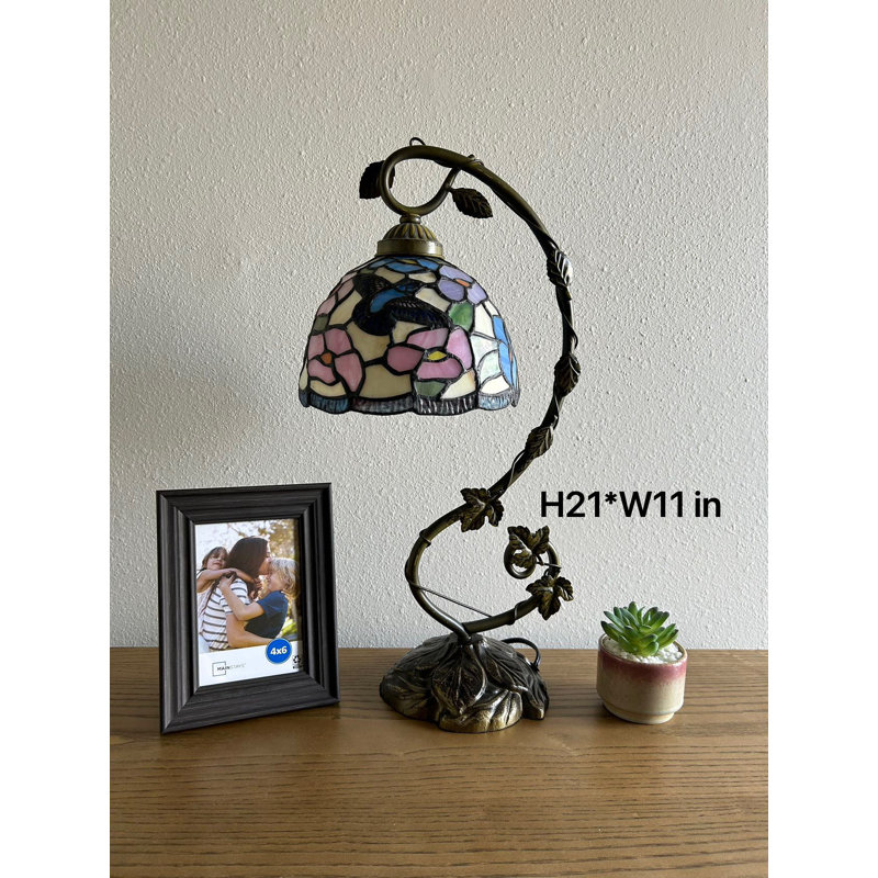 Vanover Tiffany Table Lamp Stained Glass Hummingbird Flowers Iron Metal Leaves Bronze Base 11"W*8"D*21"H