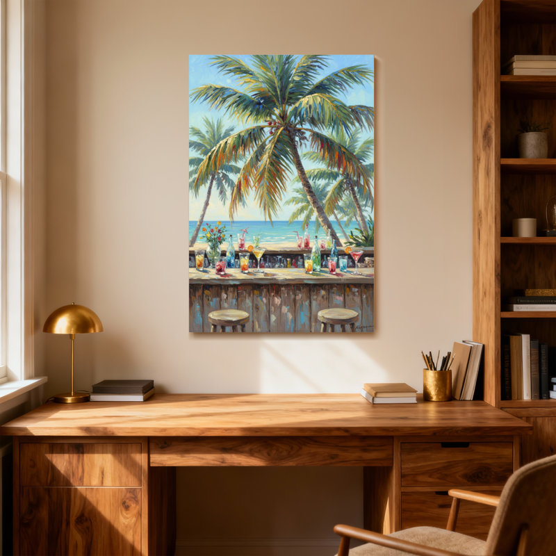 Plantes et fleurs, bar de plage tropical avec palmiers et cocktails, H 16 po x l 24 po