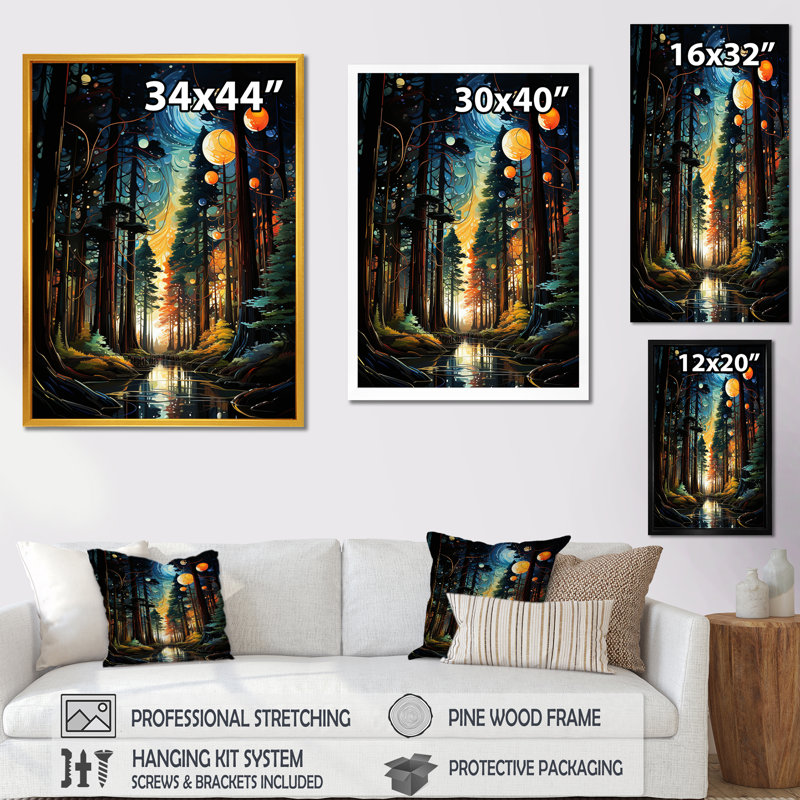 «Moonlight River Retreat Into The Forest II», art mural forêt et rivière, Cadre photo argenté, H 20 po x l 12 po x P 1 po