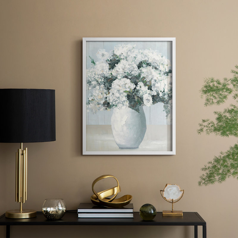 «Beach House Hydrangeas», reproduction encadrée - bois massif, H 15 po x l 12 po, Blanc