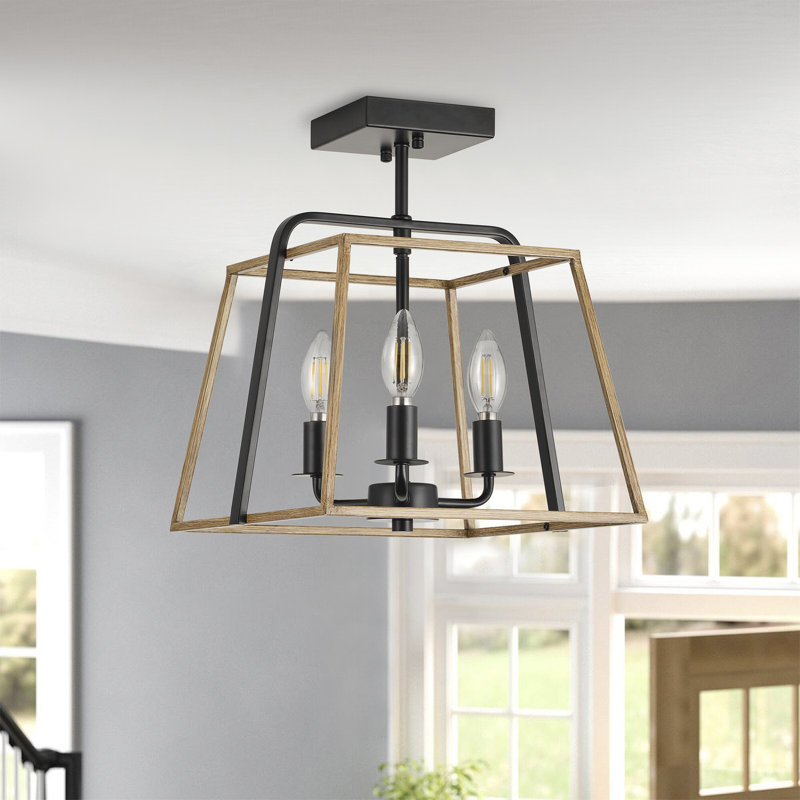 3-Light Farmhouse Semi Flush Mount Ceiling Light, Black Metal Cage with Wood Grain Finish, Rustic Industrial Close to Ceiling Fixture, ETL Listed, E12 Base, Dimmable, for Kitchen, Bedroom, Hallway