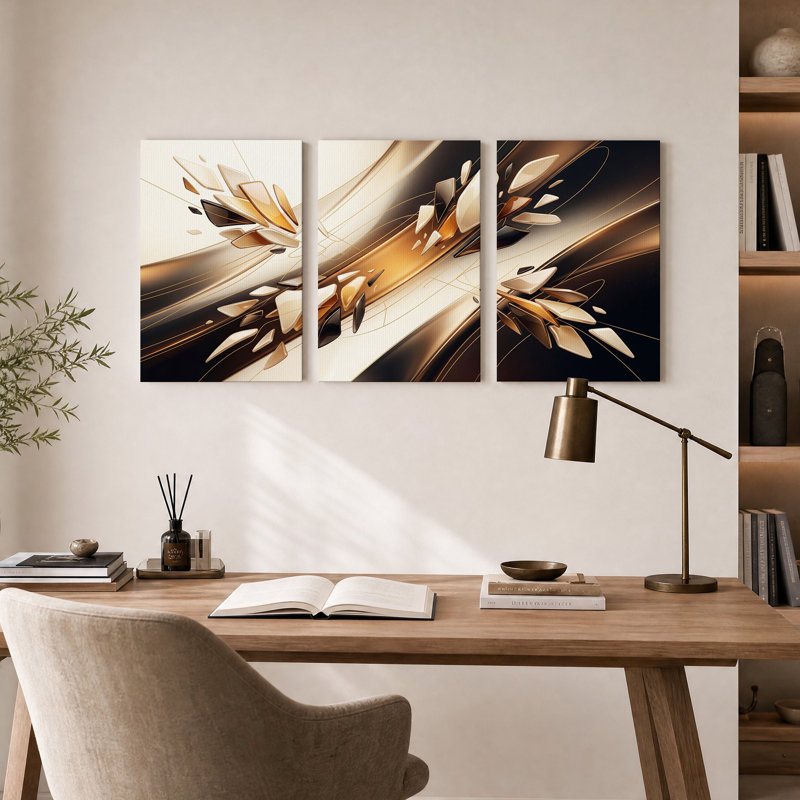 Ensemble de 3 toiles murales abstraites représentant des fragments géométriques dorés et noirs, 18"H x 12"W x 3pcs