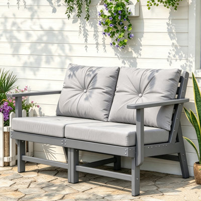 Causeuse extérieure en PEHD Adirondack avec coussins, canapé de patio pour 2 personnes avec accoudoirs de jardin, terrasse, balcon