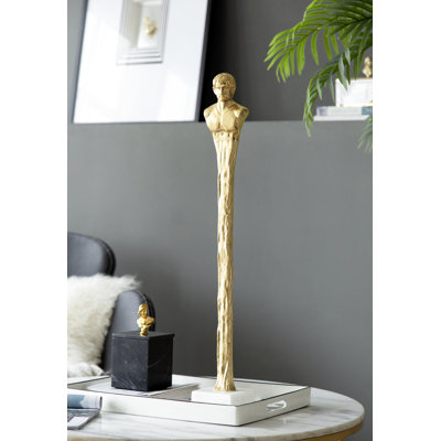 32" Elongated Gold Roman Male Statue on White Marble Base, Elegant Home Decor (5.5"x5.5")