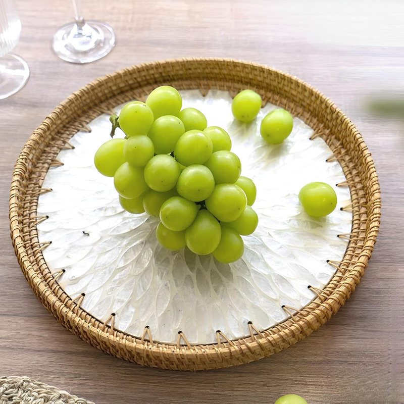 12" Round Mother Of Pearl Inlay Rattan Display, Rattan Coffee Bread Serving Tray With Mother Of Pear Inlay Wooden Base,Decorative Wicker Basket For Table Decor,Storage Of Fruit,Candy