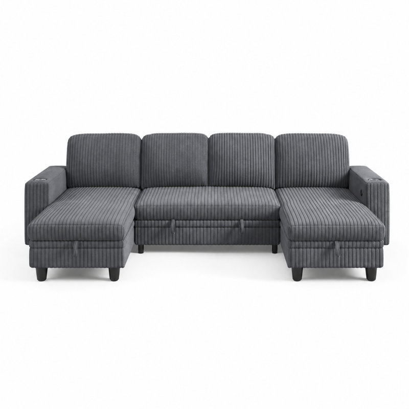 Sherry 106“  Upholstered Modular U-Shape Modular Sectional with Storage, Charging & Cup Holders, Milo Gray Corduroy, 4 Pieces