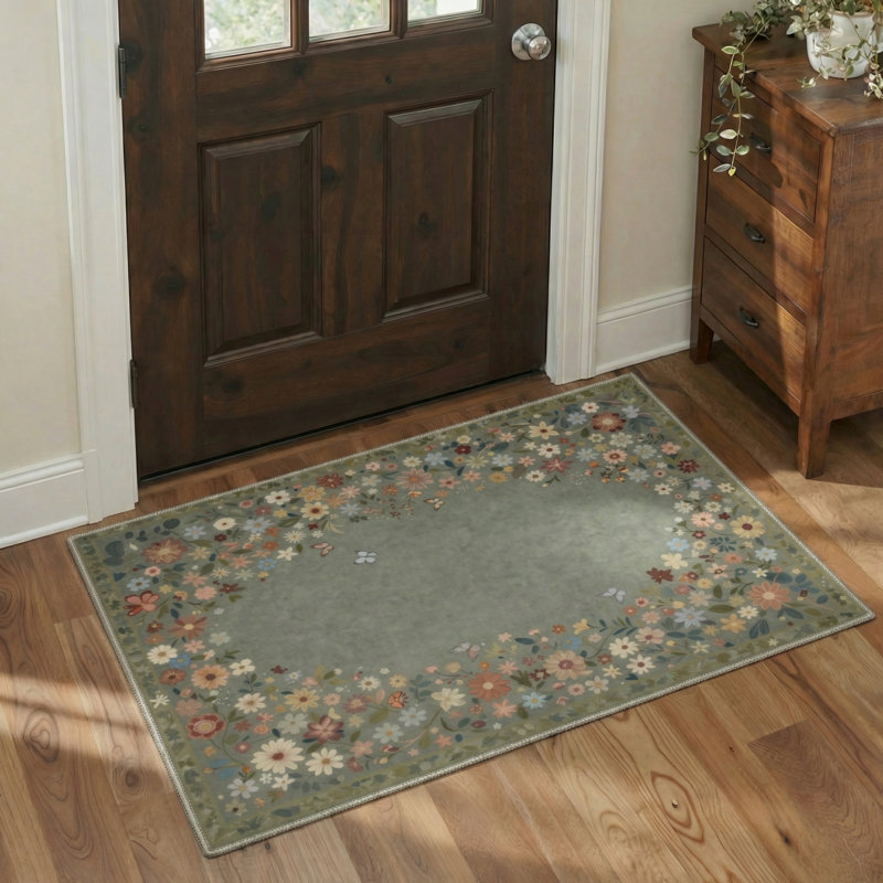 Botanique Floral Machine Washable Green Indoor Area Rug with Non-Slip Backing, Round 5'
