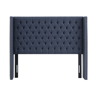 Button Upholstered Headboard For Queen Bed, Double Nailhead Trim, Black Metal Legs With Adjustable Height, Navy Fabric Headboard, Size Tufting And Height