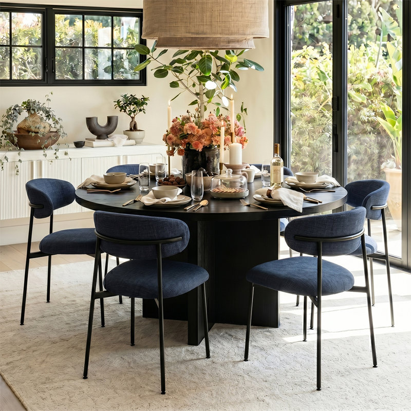 Modern 7-Piece Round Dining Set With Pedestal Base Table And Upholstered Curved Back Chairs, Blue
