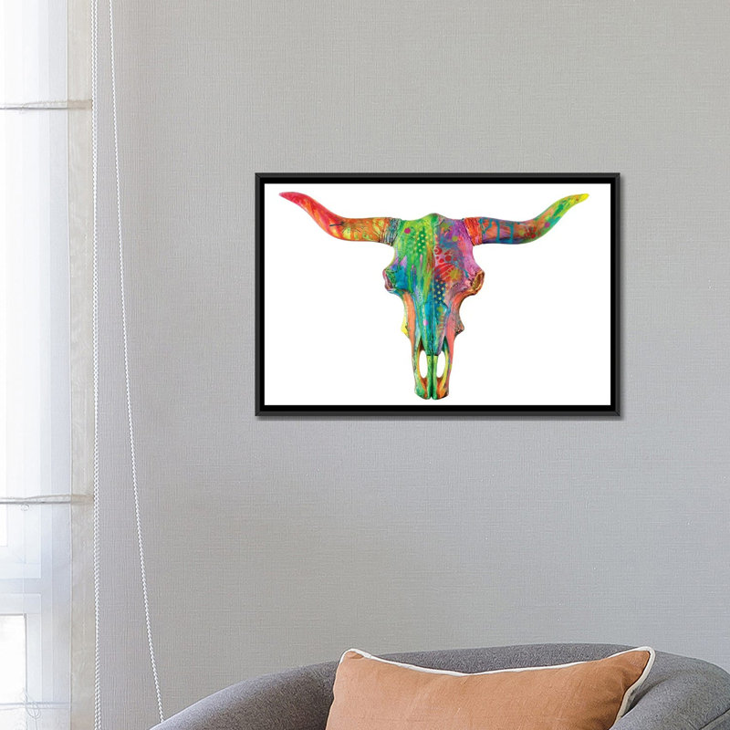 « longhorn », impression sur toile, H 18 po x l 26 po x P 1,5 po, Toile avec cadre noir, Pas de tapis