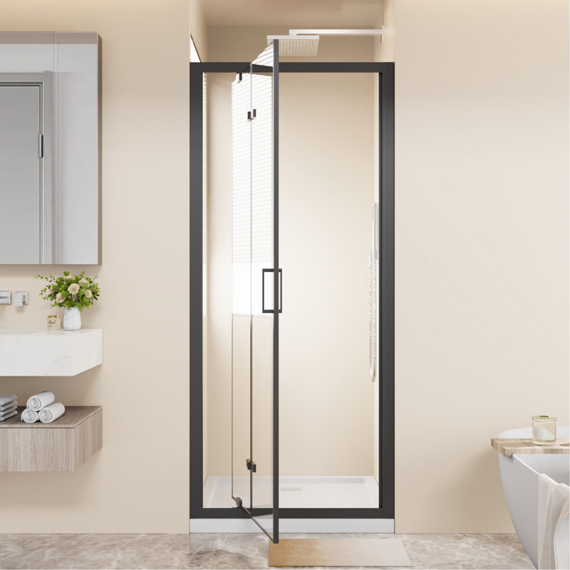 Porte de douche à cadre pivotant pliable à deux battants 30 po x 72 po, cabine de douche pliante compacte en verre trempé transparent de 1/4 po avec poignée en acier inoxydable, installation réversible, noir
